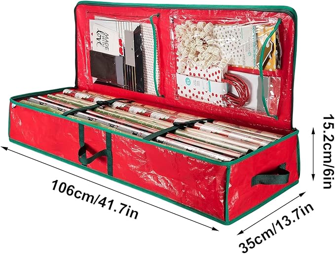 Christmas Wrapping Paper Storage, Oxford Fabric Festive Holiday Wrapping Paper Storage Bin for Living Room, Bedroom, Closet, Rolls, Ribbons, Bow, Organizer