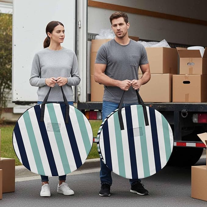 Storage Bag Navy Blue Teal Stripes Round Storage Totes Bins Closet Organizers with Zippers & Handle Contrast Striped Clothes Storage Container for Bedroom Dorm Space Saving Packing Supplies Bags