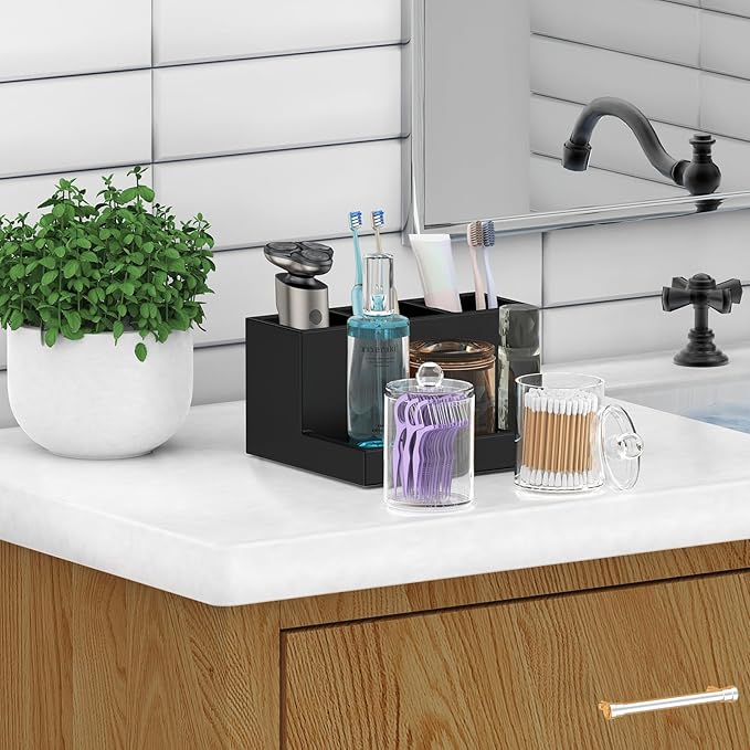 Toothbrush Holder for Bathroom with 2PCS Qtip Holder Dispenser, 3 Slot Bathroom Accessories Holder Floss Cotton Swab Holder Bathroom Vanity Tray for Oral Care Comestic Organizer Counter Storage, Black