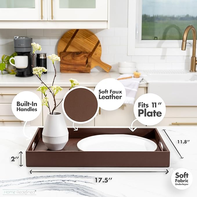 Home Redefined Beautiful Modern Elegant 17.5"x12" Rectangle Classic Brown Faux Leather Decorative Tray Ottoman Coffee Table Perfume Living Room Kitchen Serving Tray with Handles for All Occasion's