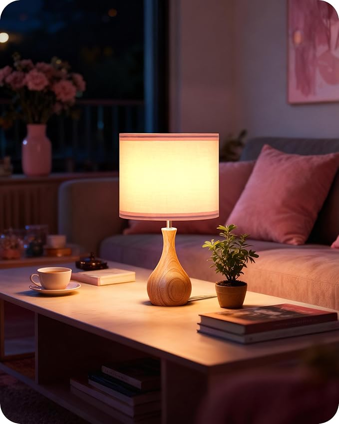 Small Table Lamp, 14.2" Cute Little Desk Lamp with Wood Bottle-Shaped Base & Pink Linen Lampshade, Bedside Lamp with Cable, E26 Base, Bulb Not Included, for Bedroom, Natural MP09TL05
