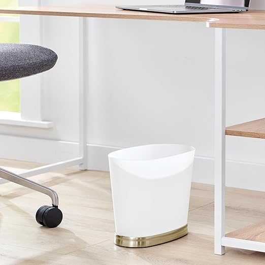 iDesign Slim Bathroom Trash Can, Small Plastic Garbage Can for Bedroom, Office, Desk, or Dorm, Frost/Soft Brass