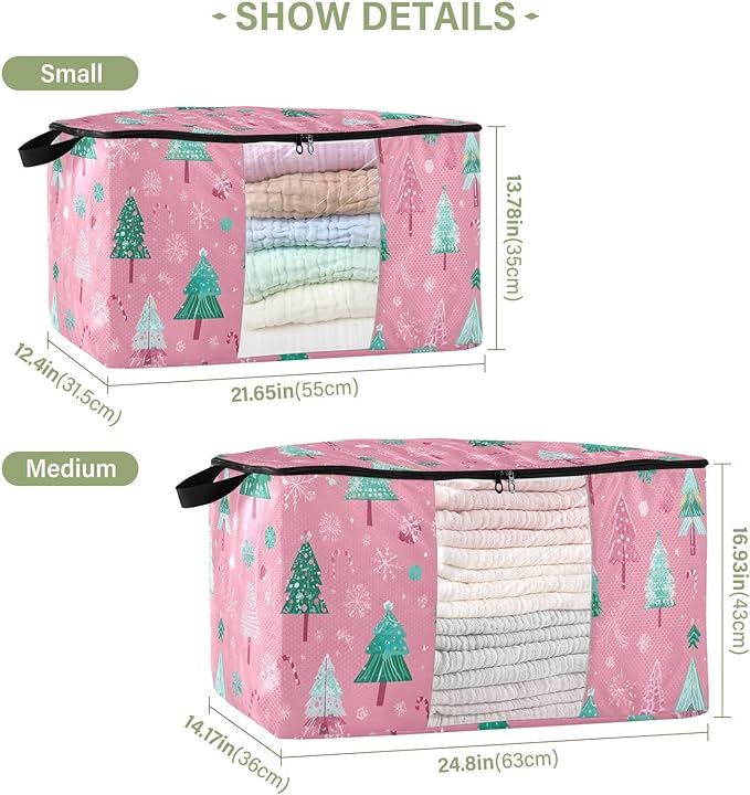 OTVEE Christmas Trees with Snowflakes on Pink Clothes Storage, 60L Foldable Storage Containers for Organizing Bedroom, Closet, Clothing, Comforter, Organization and Storage with Lids and Handle