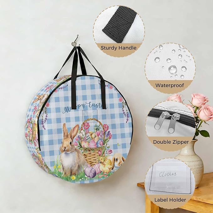 24 Inch Round Storage Bag 2 Pack,Happy Easter Eggs Rabbit Chick Waterproof Wreath Storage Container with Handles&Zipper Spring Flowers Blue Checkered Closet Organizer Bags Garland Box