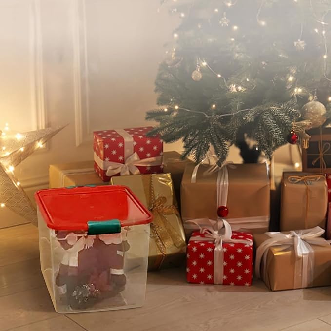 HOMZ 4-Pack Holiday Tote, Clear Plastic Storage Bins w/ Lids & Dividers, 31 Quart, Red - Stackable Organizing Containers for Home, Garage, and Office