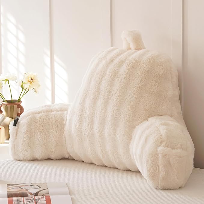 Yaoshuho Faux Fur Reading Pillow for Sitting in Bed, Large Backrest Bed Pillow with Arms, Back Support Pillow for Lounging Bedrest, Beige