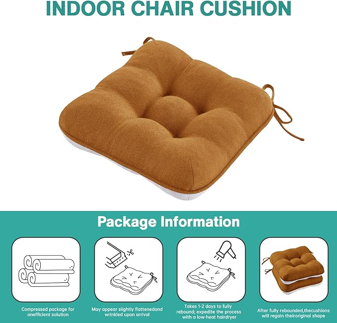 BETU Chair Cushions for Dining Chairs Set of 4,3.5" Thick Kitchen Table Chair Pads with Ties,Non Slip Backing and Covers, Seat Cushion for Dining Room,Bar,Patio Chairs,16"X16"X3.5",Caramel