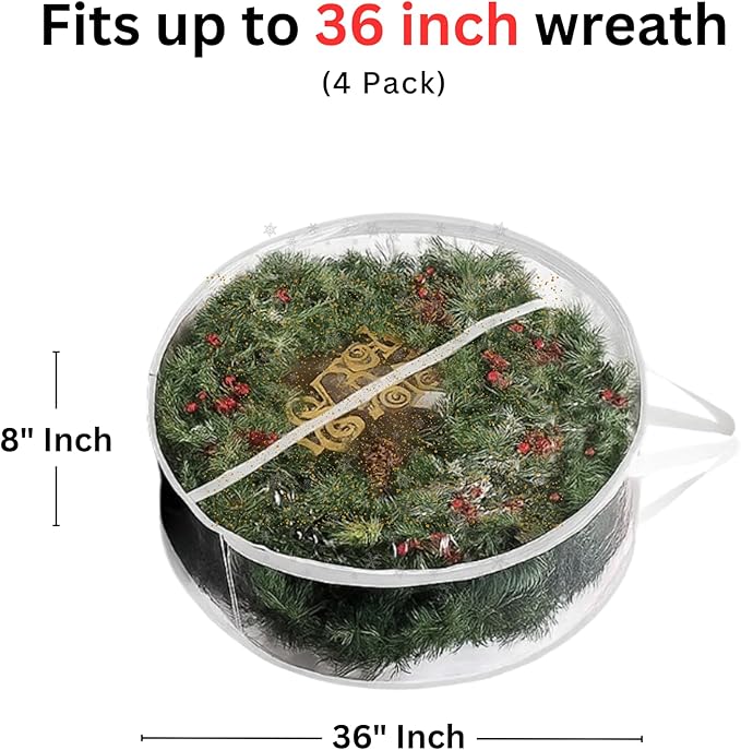 ProPik Christmas Wreath Storage Bag - 4 Pack Clear Christmas Wreaths Storage Container- Garland Holiday Artificial Wreath Storage Holder –Water Proof Transparent PVC (White, 36 Inch)