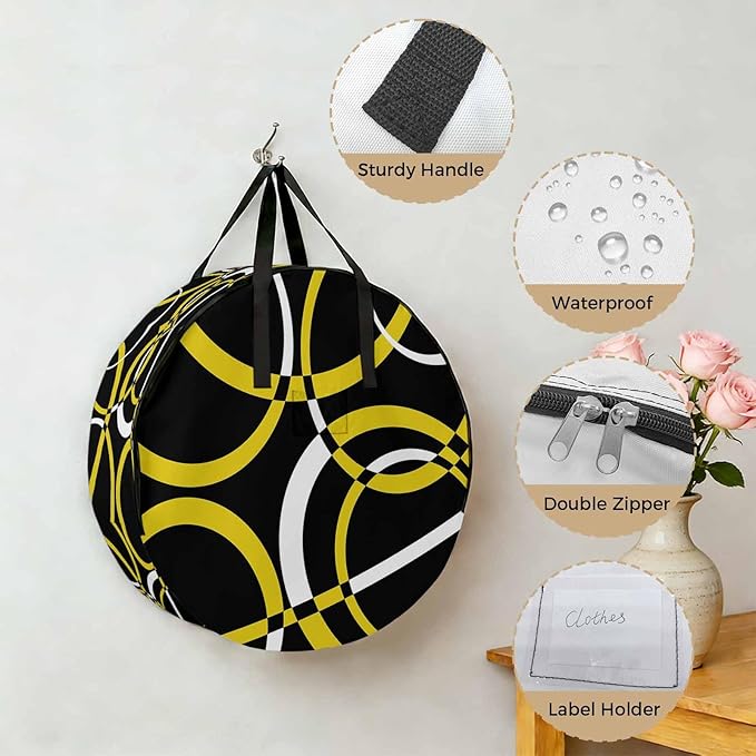 Storage Bag Yellow Black Geometric Circle Round Storage Totes Bins Closet Organizers with Zippers & Handle Modern Abstract Lines Clothes Storage Container for Bedroom Space Saving Packing Supplies