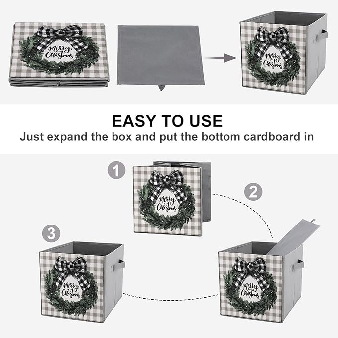 Christmas Wreath Black White Checkered Bow Cube Storage Bins Storage Cubes Foldable Decorative Fabric Storage Baskets Home Organizers with Handles for Shelves,Closet, 10.6 X 10.6 Inch