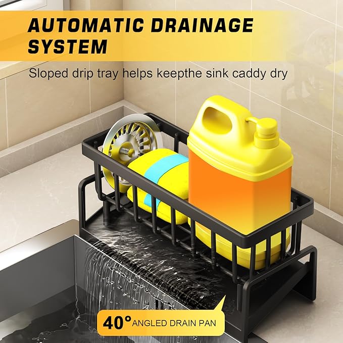 Sponge Holder for Kitchen Sink, Over sink dish drying rack- Non-Slip Sink Organizer with Utensil Holder for small kitchen space saving dish rack，Rustproof Steel Dish Sponge Organizer，Kitchen organizer