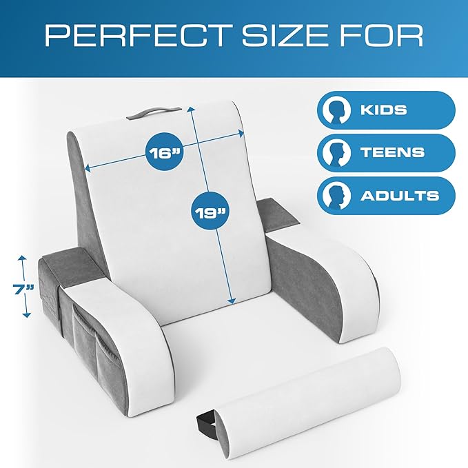 Kolbs Wedge Reading Pillow for Bed, Cushion with Arms for TV, Books, Nursing, Back - Bed Pillow for Sitting Up in Comfort, Plush Backrest. Bed Chair, Sit Up in Comfort (19" Gray/White)