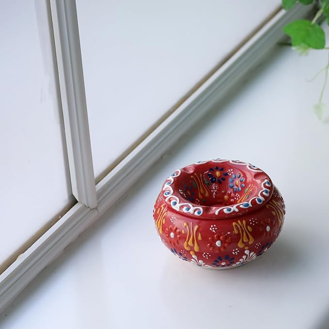 Decorative Ceramic Jar-Colorful Decorative Jar with Lid-Handmade Small Decorative Jar-Windproof Unique Jars-Turkish Home Decor (Red)