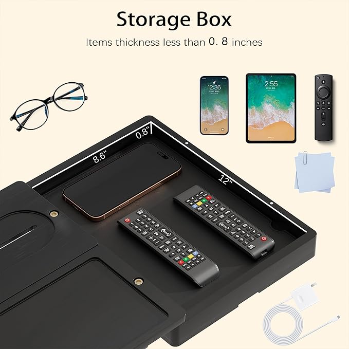 Bamboo Couch Arm Tray, 2 Rotating Trays with 360° Phone Holder & Storage Box, Black Adjustable Clip On Sofa Table for Snacks, Drinks, Fits Wide Armrests (Up to 10")