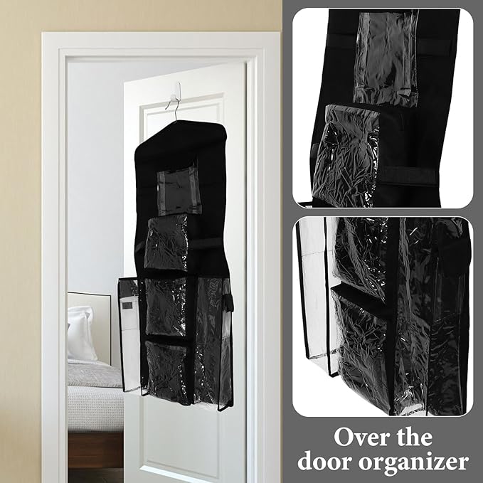 Hanging Wrap Storage Bag with Pockets, Over-The-Door Closet Organizer, Heavy-Duty Black Oxford Fabric, Wall-Mounted Wrapping Paper Holder for Home Packaging