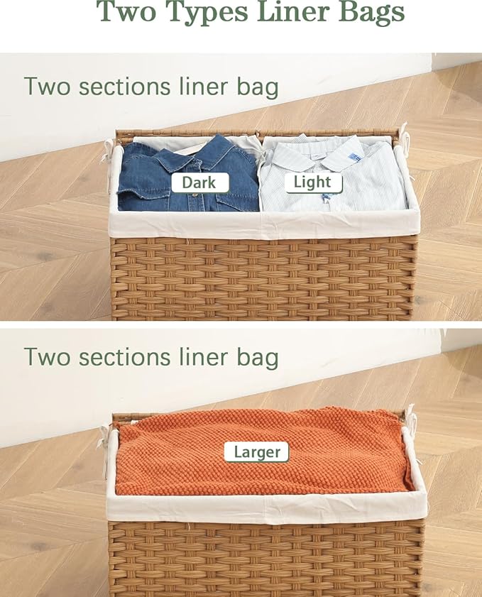 SETVSON Storage Basket with Lid Rattan Storage Basket with 2 Separate Lid, 27.8 Gallon (105 L) 25.2 * 15.4 * 16.1 Inches Woven Wicker Baskets with 2 Liners and Handles for Bedroom Laundry-Natural