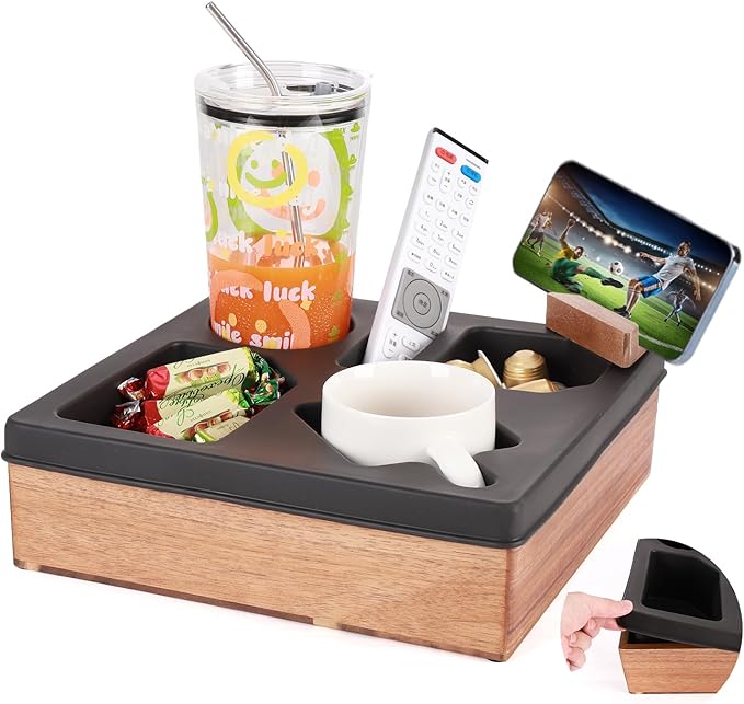 Couch Cup Holder Tray, Silicone Acacia Wooden Couch Caddy with Cup Holder for Snacks, Drinks, Remotes, Waterproof Cup Holder for Couch, Organizer, Movie Night Snack Trays, Easter Gifts