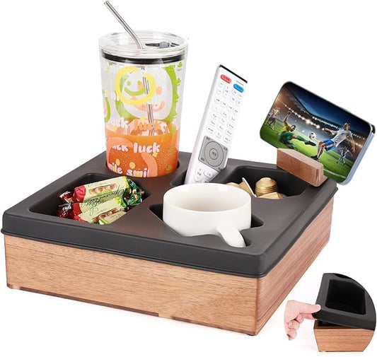Couch Cup Holder Tray, Silicone Acacia Wooden Couch Caddy with Cup Holder for Snacks, Drinks, Remotes, Waterproof Cup Holder for Couch, Organizer, Movie Night Snack Trays, Easter Gifts