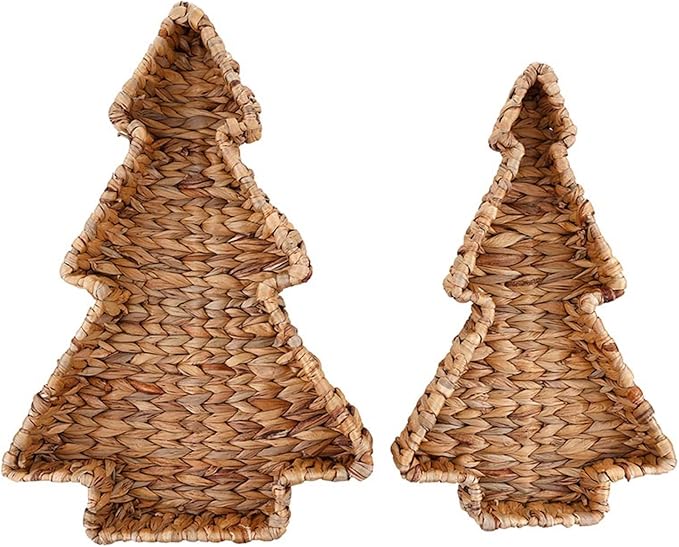 47th & Main Christmas Tree Shaped Baskets for Decoration Nesting Woven Water Hyacinth Storage Trays, Set of 2, Natural