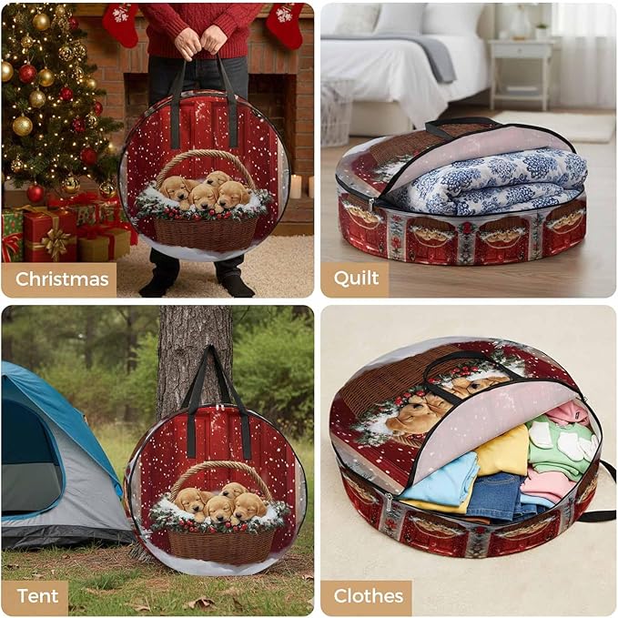 Winter Christmas Round Storage Bag 24 Inch, Golden Retriever Basket Red Front Door Clothes Storage Container with Handles Heavy Duty Organizer for Comforter, Bedding & Holiday Wreaths