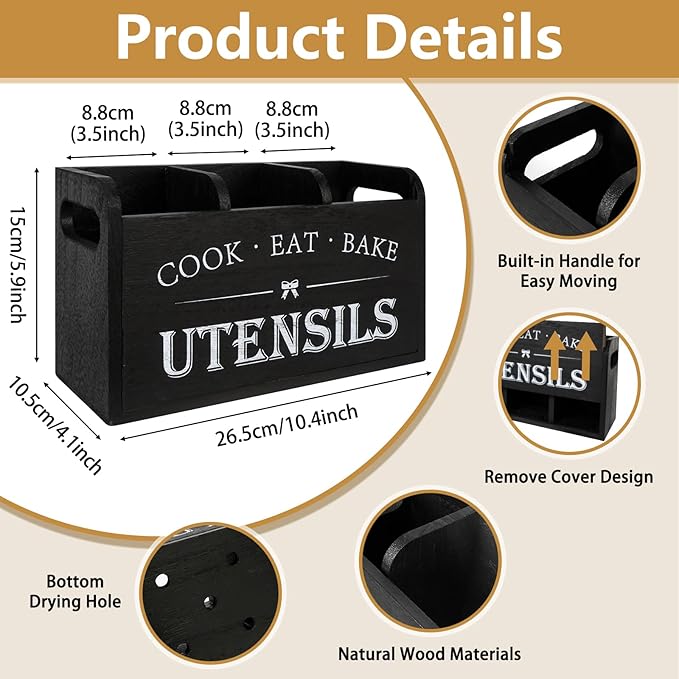 Farmhouse Cooking Utensils Organizer - Kitchen Utensil Holder Black Rustic Solid Wood Countertop Utensil Holder, 3 Compartment Spoon Holder for Kitchen Decor