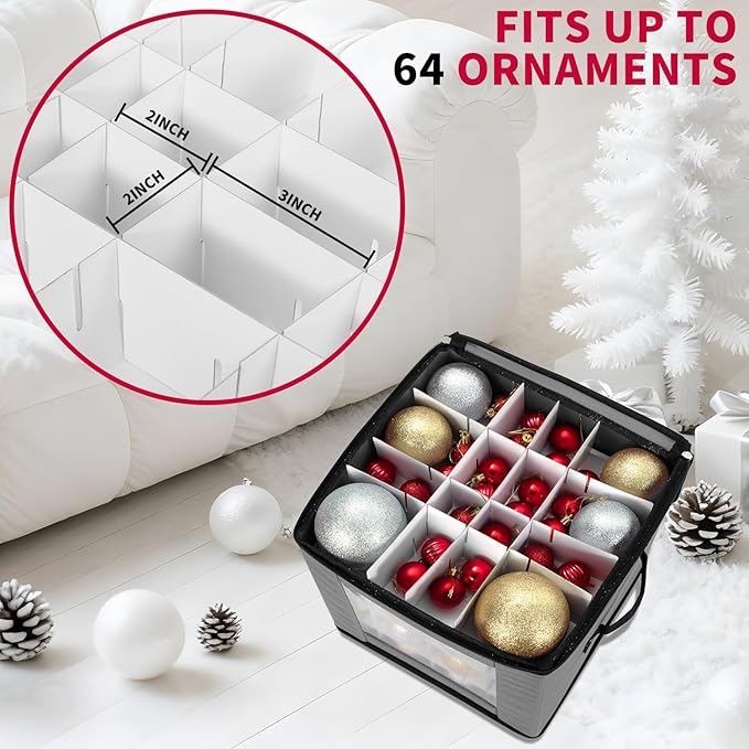DIMESHY Christmas Ornament Storage Box With Adjustable Dividers,Ornament Storage Container with Two Handles for 64Holiday Decorations,Gray