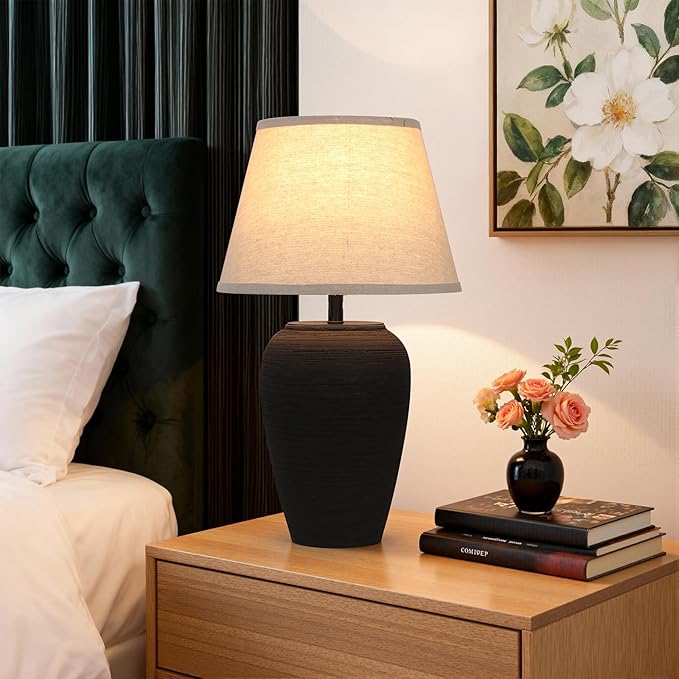 YEPDIN Ceramic Pot Table Lamp 21.25 inch Tall Striped Nightstand Lamp, Tapered Fabric Shade Bedside, Ceramic Decorative for Living Room Bedroom House Office Entryway, TL2