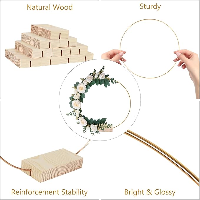 12Pcs 12 Inch Floral Hoop Centerpiece Table Decorations, Metal Gold Center Pieces Decoration for Table with Wood Base, Table Centerpieces for DIY Wedding Decor Wall Hanging Crafts