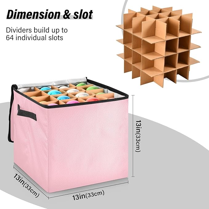 Pink Christmas Ornament Storage Basket Box Holiday Storage Container Cube with Adjustable Dividers for 64 Holiday Ornaments or Decorations Keeps Clean and Dry for Next Season