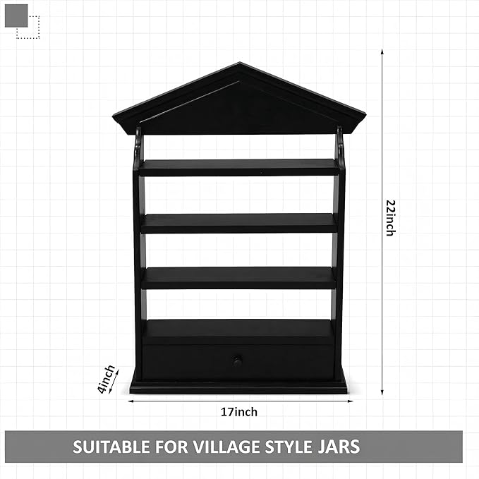 Chunful Vintage Spice Jar Wooden Rack with 4 Shelves and Drawer Hanging Spice Rack Wall Mounting Kitchen Storage Village Style Display Shelf for 24 Jars, Shelf Only(Classic Black)