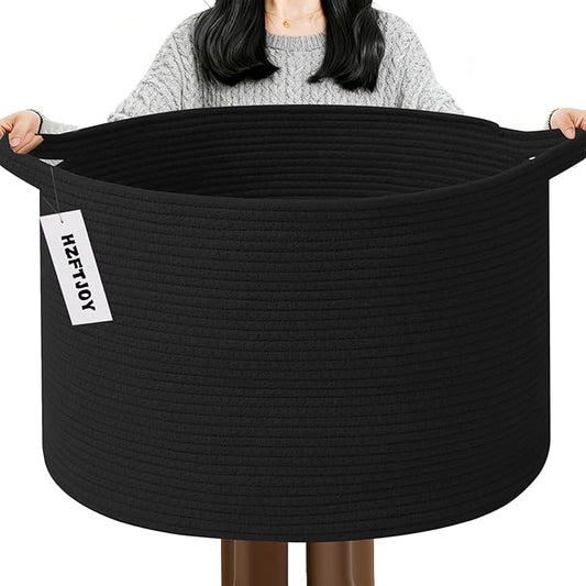 65L Extra Large Woven Cotton Rope Blanket Basket with Handles, Laundry Hamper Storage Bin for Pillows, Comforters,Clothes, Toys, Nursery, Bedroom and Living Room Organization,Black