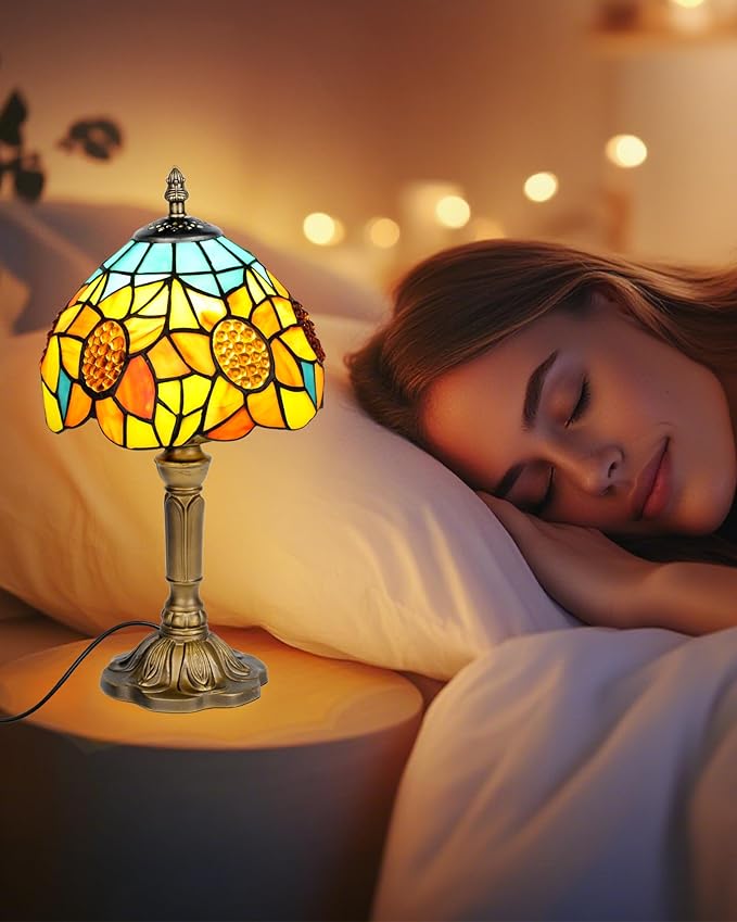 Sunflower Tiffany Style Table Lamp with LED Bulb, 8 Inch Handmade Stained Glass Light, Antique Desk & Bedside Lamp for Living Room, Bedroom, Study, Art Decor Gift