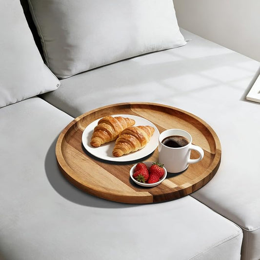 Acacia Wood Sofa Tray, Folding Couch Table Insert for Middle Portable Couch Armrest Trays Perfect for Drinks, Snacks, Phone, Remote Control (Circle)
