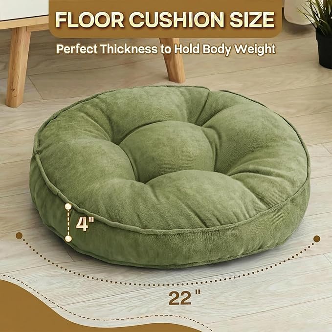 1 MIDDLE ONE Floor Pillow Set of 2, Memory Foam Floor Cushions for Adults, Large Meditation Pillow for Sitting, 22 x 22 Inches (Round | Green)