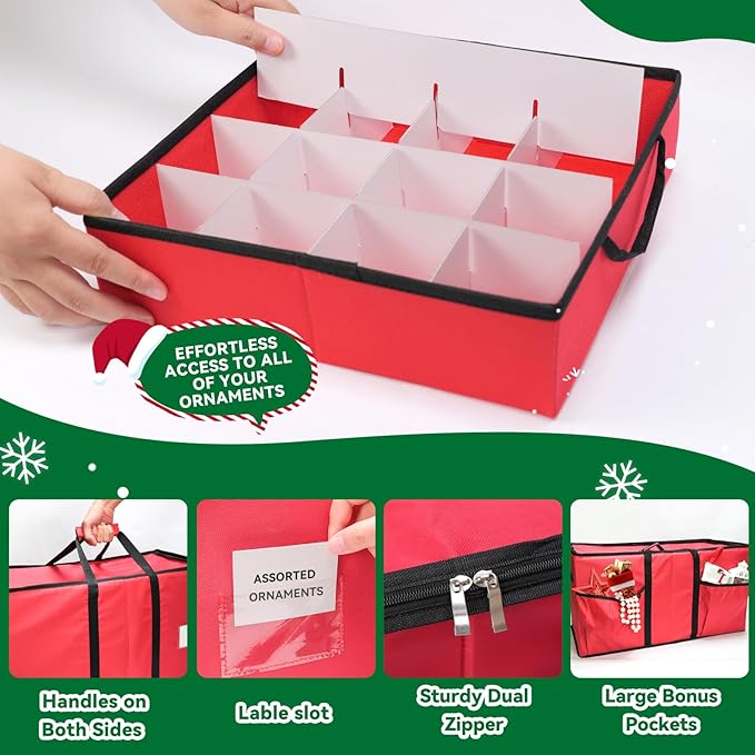Christmas Ornament Storage Box, Ornament Storage Container with 8 Trays, Xmas Decoration Organizer Holds Up to 128 Decoration Balls, Durable 600D Oxford Material（Red）
