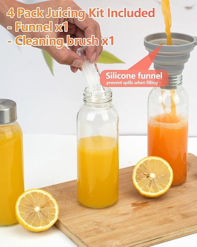 Zukro Glass Water Bottles with Lids 12 oz, Reusable Clear Juice Bottles With Stainless Steel Airtight Cap for Juicing, 100% Leak Proof Juice Drinking Jar for Smoothie, Milk, BPA Free, Set of 4