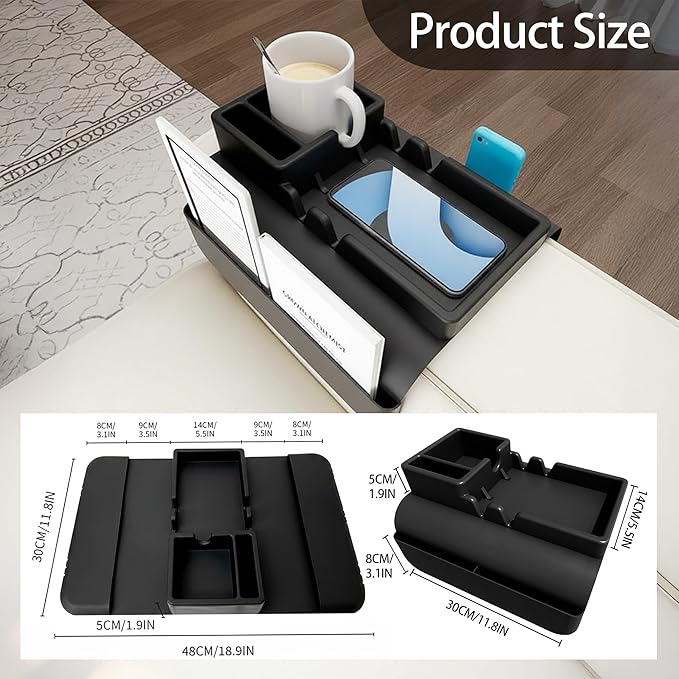 Couch Arm Cup Holder - Silicone Sofa Armrest Tray with 5 Side Pockets, Anti-Slip Armrest Recliner Armchair Caddy, Sofa Table Organizer for Drinks Tablet Remote Snacks Cellphone Cup (Black)