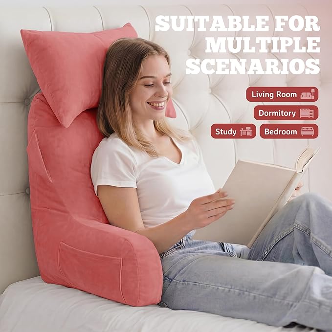 Unisakey Portable Reading Pillows with Headrest for Bed Sitting Up(Dark Pink Oeko-Tex), Velvet Back Pillow with Arms & Pockets for Adults, Support Memory Foam Bed Pillow for Dorm/Watching/Gaming
