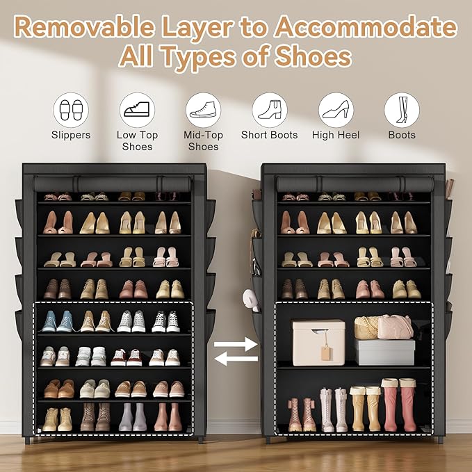 VILICK Shoe Rack with Cover, 8 Tier Tall Shoe Organizer Storage for 36-45 Pair Shoes and Boots Large Shoe Storage Shelf Free Standing Shoe Rack for Closet, Front Door Entrance, Dorm, Garage