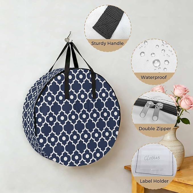 Storage Bag Moroccan Design Round Storage Totes Bins Closet Organizers with Zippers & Handle Geometric Art Clothes Storage Container for Bedroom Dorm Space Saving Packing Supplies Moving Bags