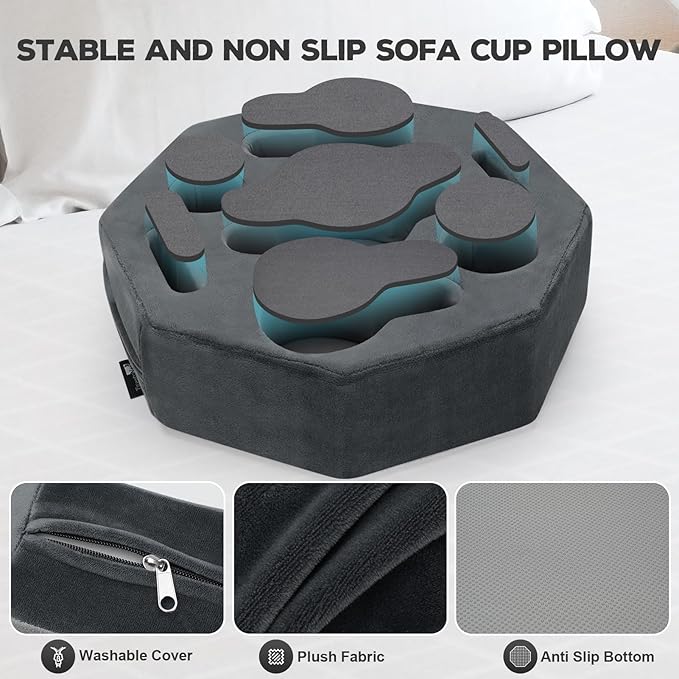 Couch Cup Holder Pillow,Couch Drink Holder,Octagon Couch Caddy for Coffee Cup,Phone,Remote,Couch Cup Holder Tray for Bed,Car,Sofa,Table
