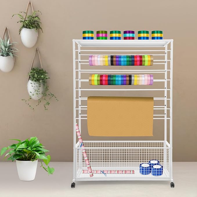 16 Tier Ribbon Holder Organizer Rack, Metal Double-Sided Ribbon Spool Storage Shelf with Wheels, Rolling Flower Wrapping Paper Storage Stand for Craft Room Flower Shop Gift Wrapping(Wider, White)