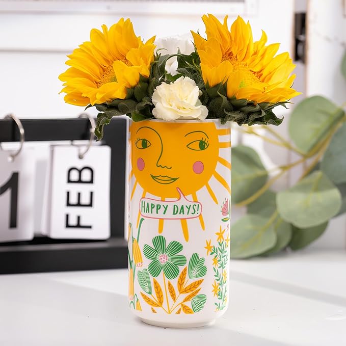 MOUGIGI Cute Small Ceramic Flower Vase-Colorful Boho Unique Round Design with Lively Smiley Patterns-Dopamine Decor Multi Use as Makeup Brush Holder, Pencil Pen Cup-Perfect for Weddings, Mother's Day