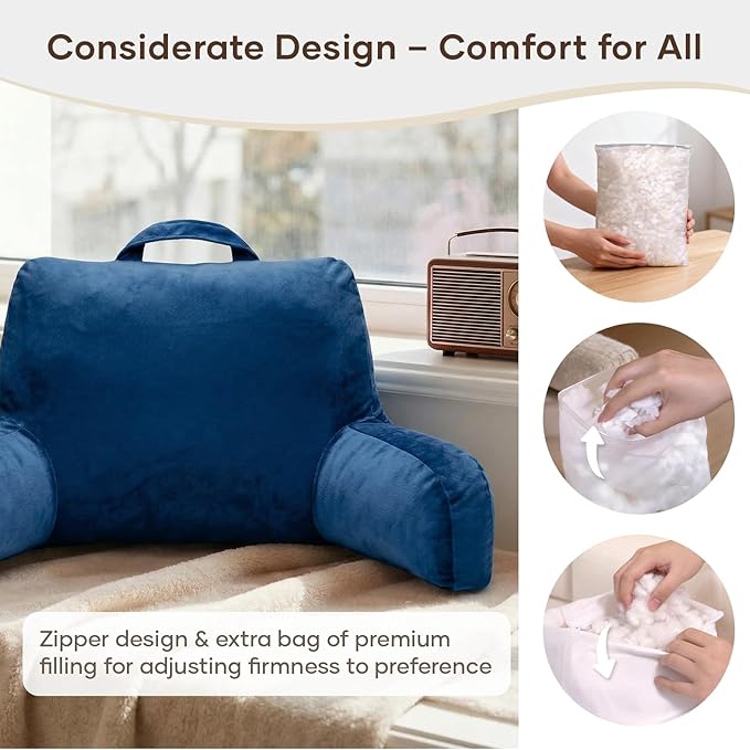 NOONTIDE Reading Pillow for Sitting up in Bed and Couch,Large Back Pillow for Adult & Teens with Soft Adjustable Neck Roll Backrest Pillow,Washable Cover,Watching TV/Gaming/Relaxing(Blue)
