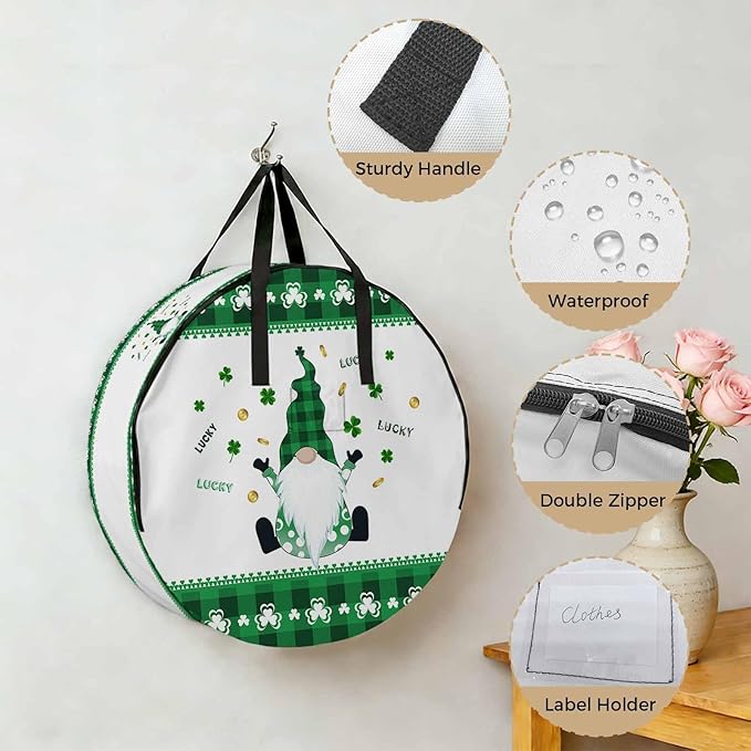 36 Inch Round Storage Bag 1 Pack,St. Patrick's Day Dwarf and Gold Coin Waterproof Wreath Storage Container with Handles&Zipper Clover Buffalo Checker Closet Organizer Bags Garland Box