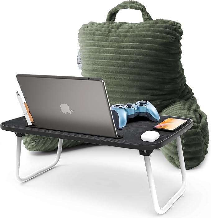 Nestl Olive Green Reading Pillow with Bed Desk for Laptop and Writing, Luxe Cut Plush Back Pillow for Sitting Up, Back and Arms Adjustable Support for Kids and Teens, Foldable Lap Desk for Bed 19x11”