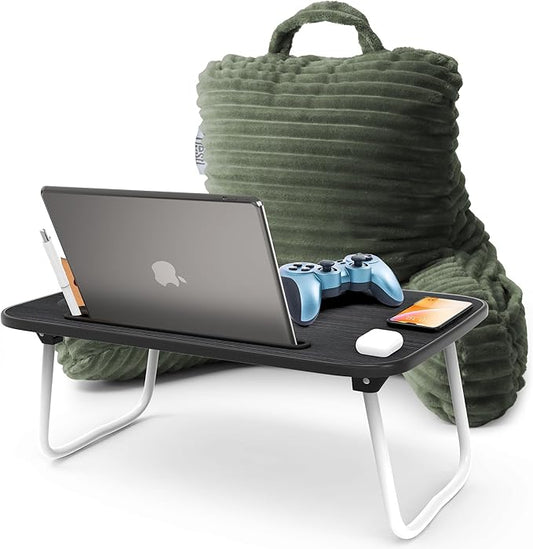 Nestl Olive Green Reading Pillow with Bed Desk for Laptop and Writing, Luxe Cut Plush Back Pillow for Sitting Up, Back and Arms Adjustable Support for Kids and Teens, Foldable Lap Desk for Bed 19x11”
