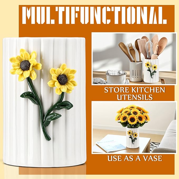 LemonRoad Ceramic Utensil Holder - 3D Sunflower Kitchen Decor, Countertop Cooking Tool Storage Crock for Spatulas, Whisks, Vase Decor Pen Holder for Gift