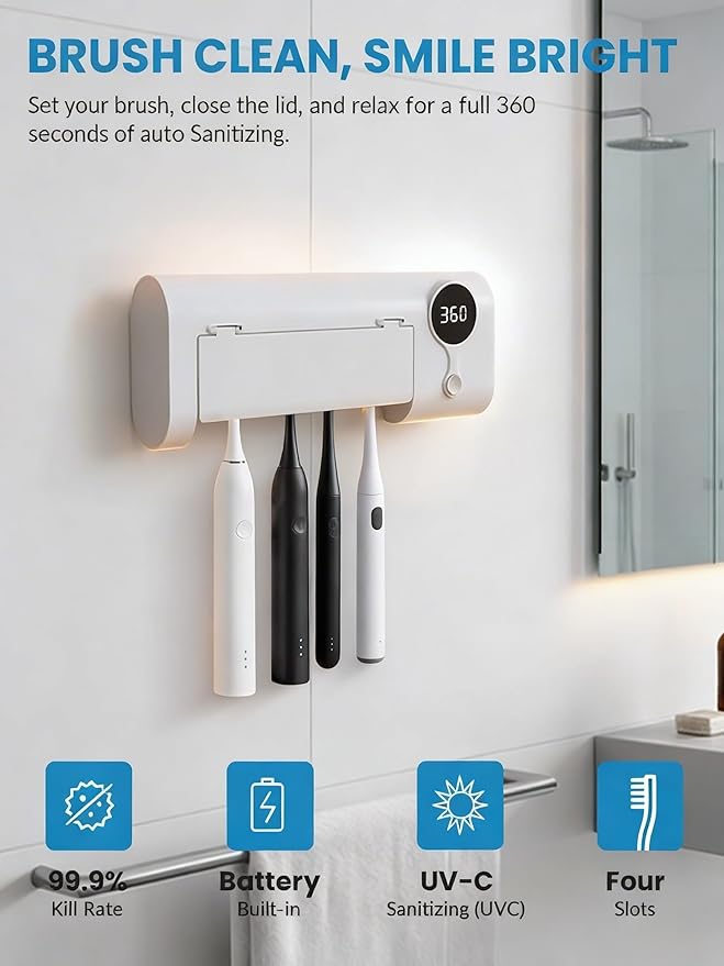 UV Toothbrush Sanitizer and Holder, GEVOODIX Smart Toothbrush Holder with 4-Slots Holders, Tooth Brush Cleaner Wall Mount for Home Bathroom