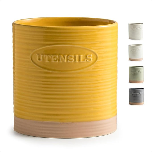 YHOSSEUN Kitchen Utensil Holder for Countertop, Ceramic Utensil Holder for Kitchen Counter, Cooking Utensil Crock for Spatula, Oval Shape, Yellow